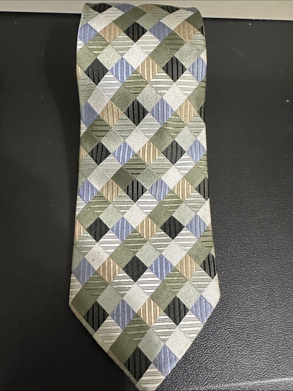 Geoffrey Beene Olive, Blue, Black & Cream Diamond-Check Tie